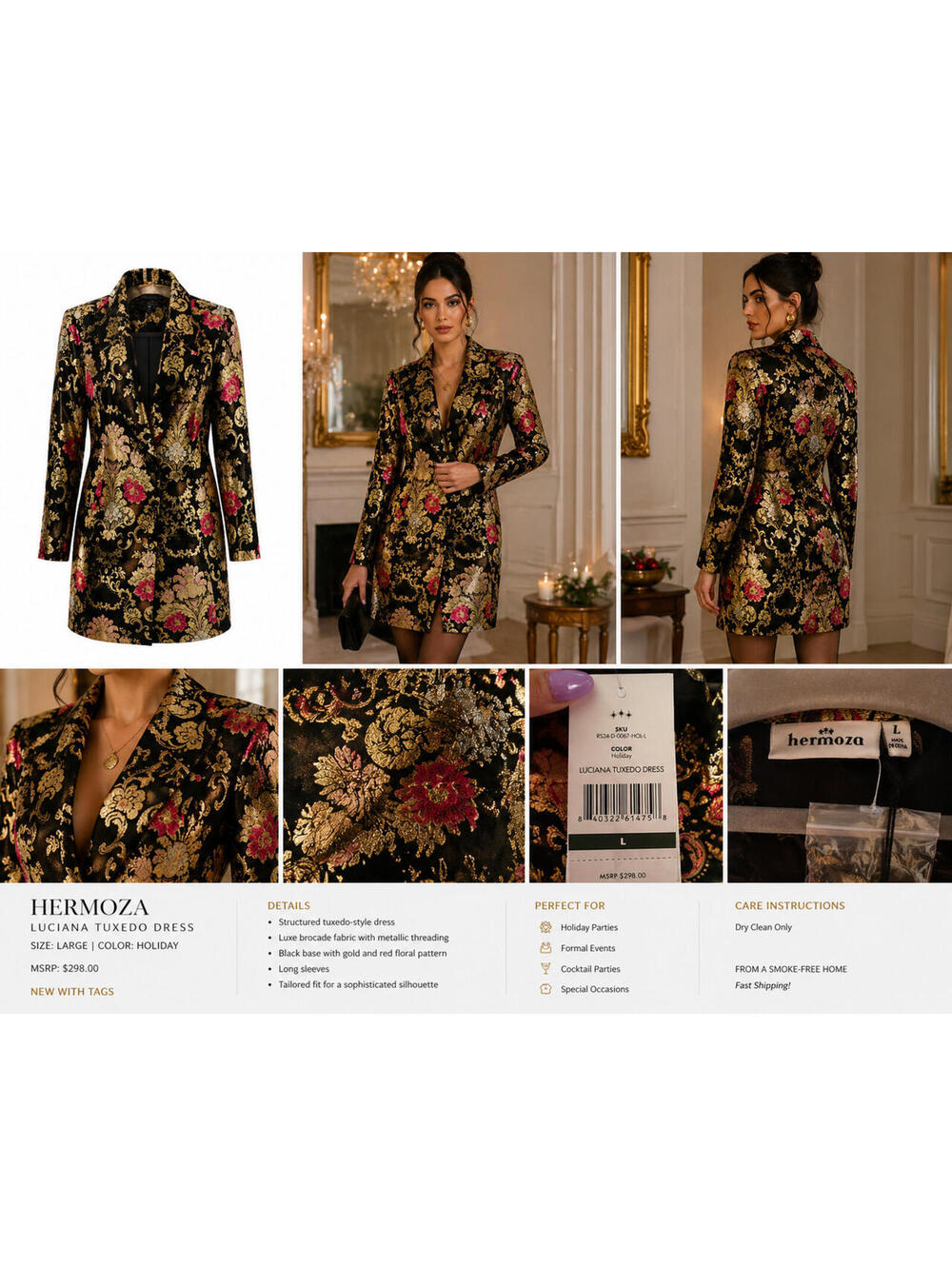 Hermoza Luciana Tuxedo Dress L Black Gold Brocade Floral Jacket Dress NWT $298